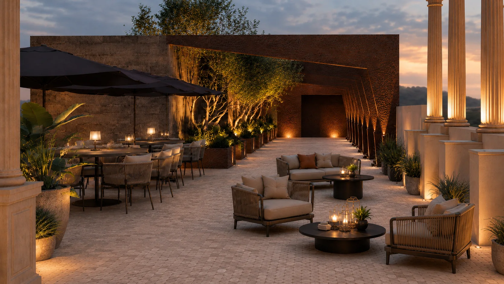 Lounge exterior com sofás e vista para os jardins
