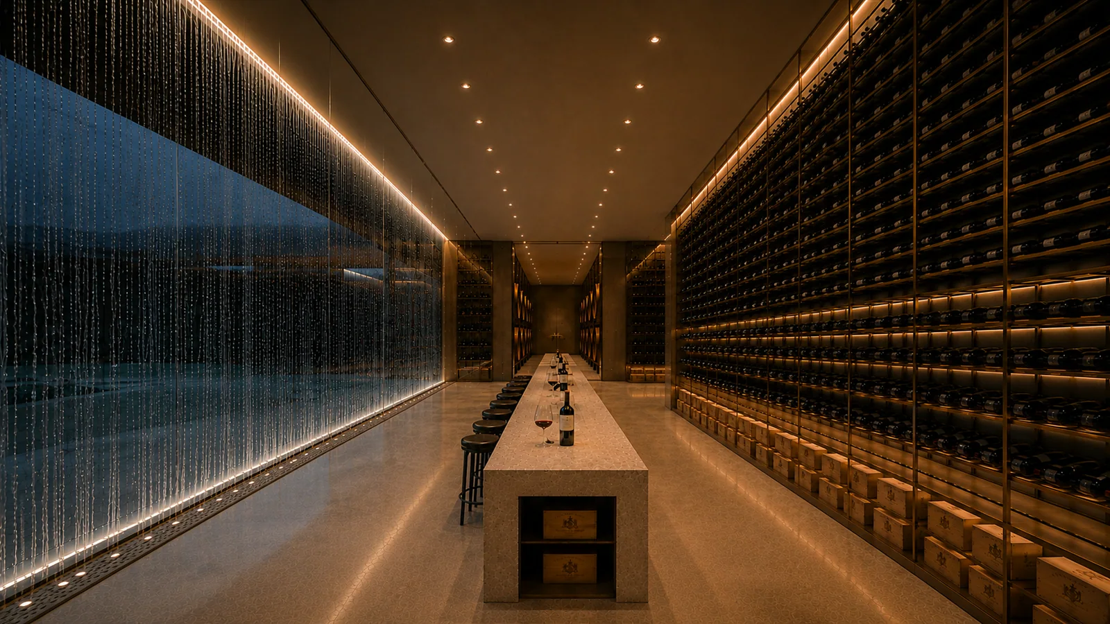 Sala de provas de vinhos com uma cascata de água iluminada ao longo da parede